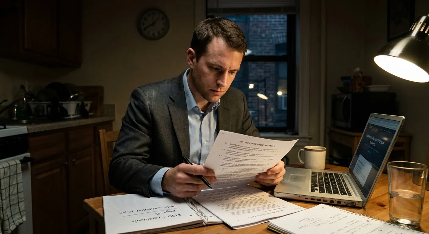 A man at a kitchen table at night, reading a printed compensation schedule with a pen in his hand